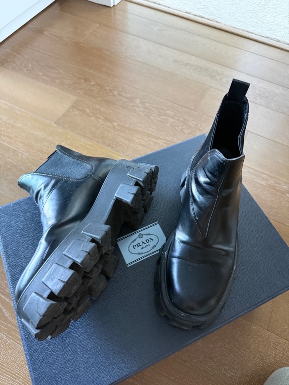 Prada Black Leather Lug-Sole Chelsea Boots